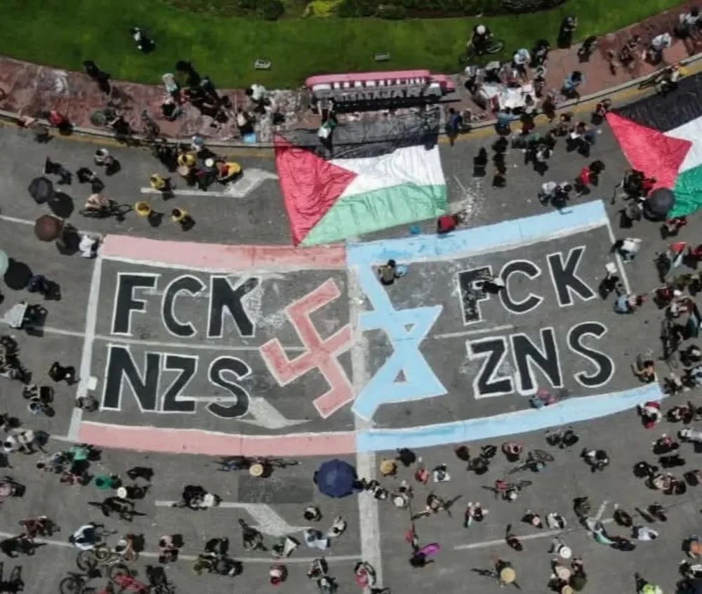 Palestinian Flags
On the Asphalt "FCK NZS FUCK ZNS"
Fuck Nazis, Fuck Zionists