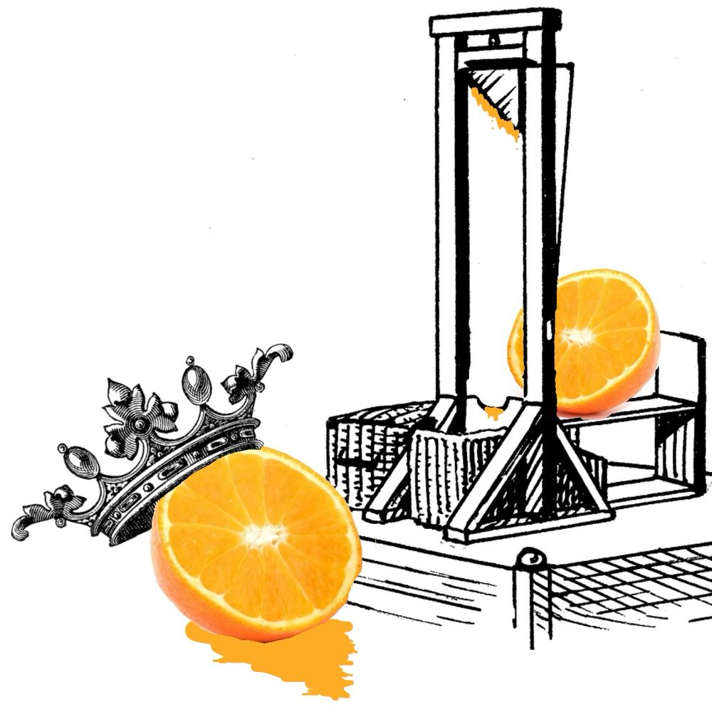 An orange wearing a crown that has been cut in half by a guillotine