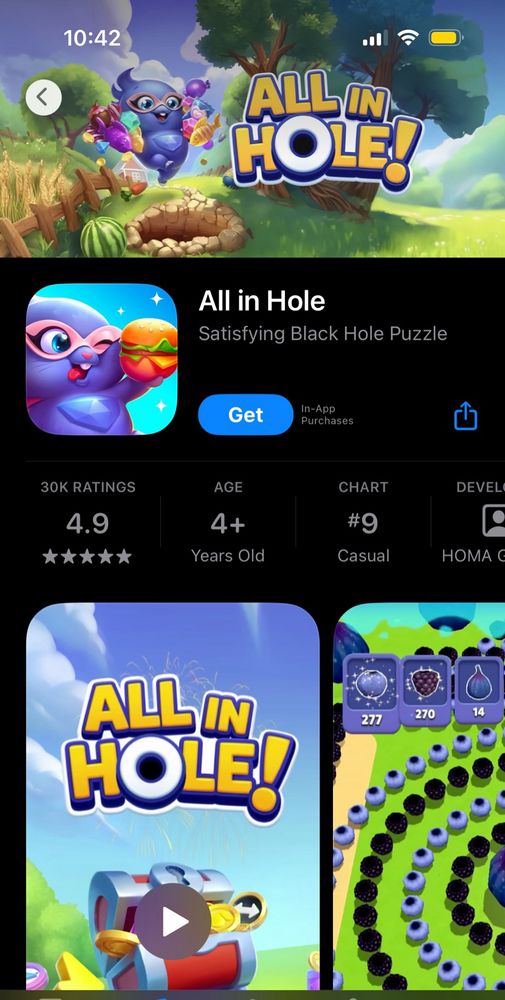 Screenshot of a mobile game called “all in a hole” about a rabbit delivering burgers or some shit 