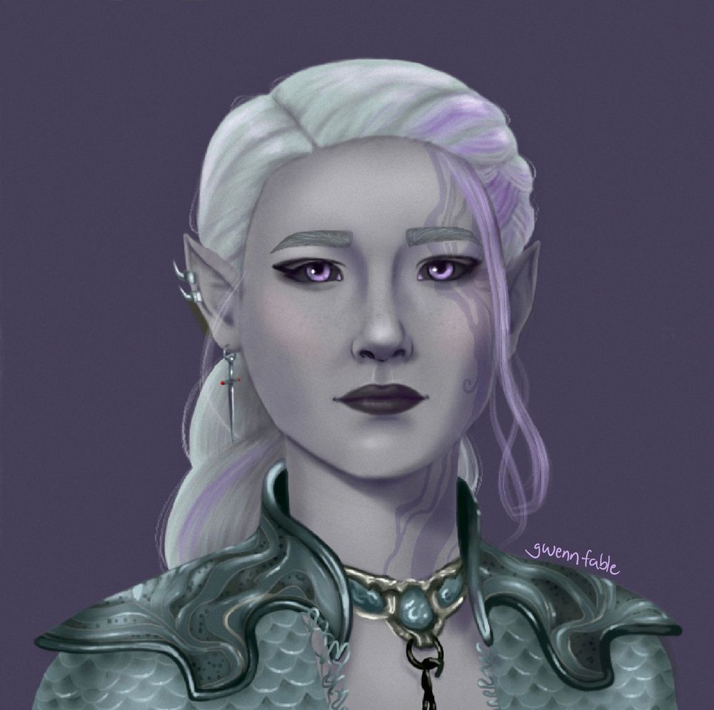 This digital painting features a half-drow character with pale grey skin, white hair, and purple eyes with dark sclera. Swirling purple markings extend from one eye across her face and through her hair. She’s wearing the Wavemother’s Robe from Baldur’s Gate 3, an ensemble of silvery scales and intricate shoulder armour. 