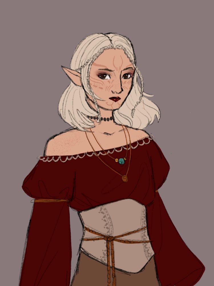 A drawing of a short, slim city elf with pale blonde hair, dark eyes, and dramatic burgundy makeup. She has faint facial tattoos and freckles, and wears an oversized burgundy blouse cinched in by a grey/beige corset, with some layered necklaces as accessories. The drawing is zoomed in to only show the elf’s torso because the full drawing would have been cropped badly.