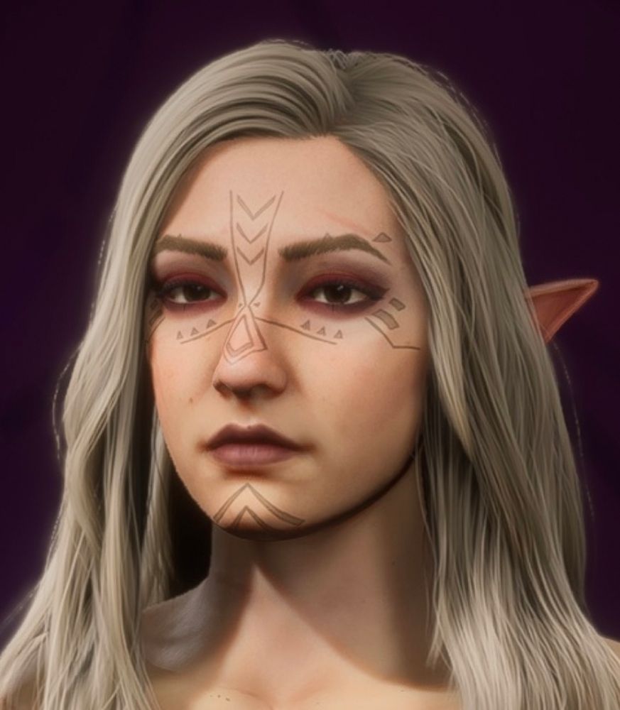 A screenshot from the Dragon Age: Veilguard character creator that features the same city elf, though the facial tattoos are a bit different and the hair has lost the little braids from the original design due to the CC restrictions.