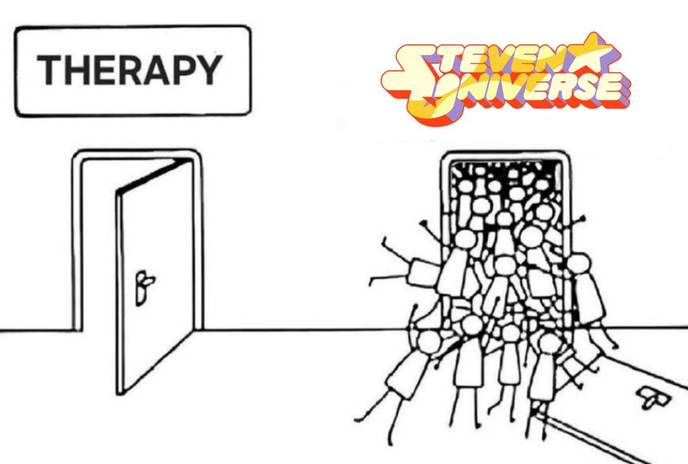 two doors, one titled "terapy" with an empty entryway, and the other door labeled "Steven UNiverse" with a group of people trying to enter.