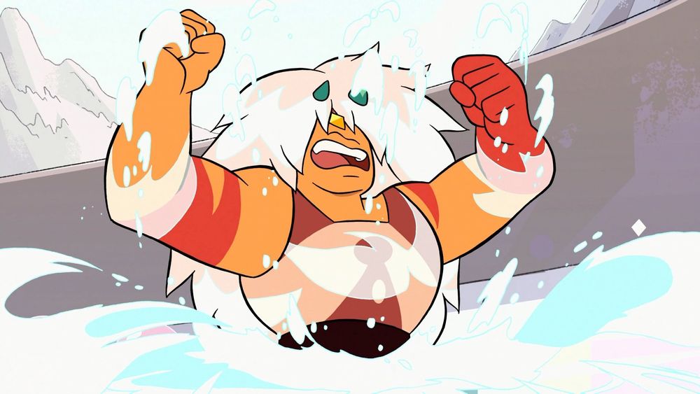 Jasper from Steven universe rising out of a pool of water with both her arms in a flexing position, her hair covering her eyes