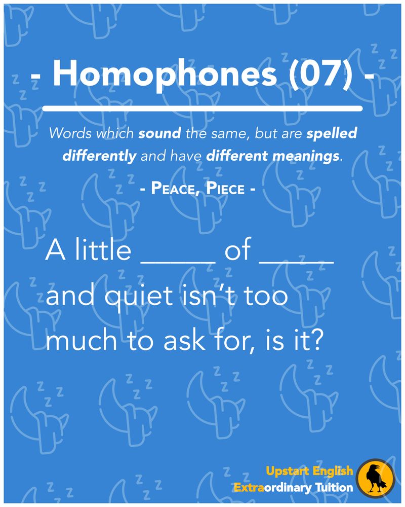 This text-based post has a repeating tiled background showing a blanket hung over a crescent moon, symbolising sleep. Bottom right is the brand logo for Upstart English Tuition.