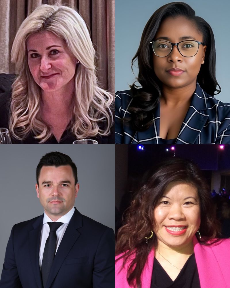 A collage of our four new board members. Clockwise from top left: Brigette Kocijancik, a white woman with long blonde hair; Dr. Jumai Abioye, a Black woman with long hair and glasses; My Dang, a smiling Asian woman wearing a pink blazer and gold earrings; and Sébastien Beauchamp, a white man with dark hair wearing a dark suit.