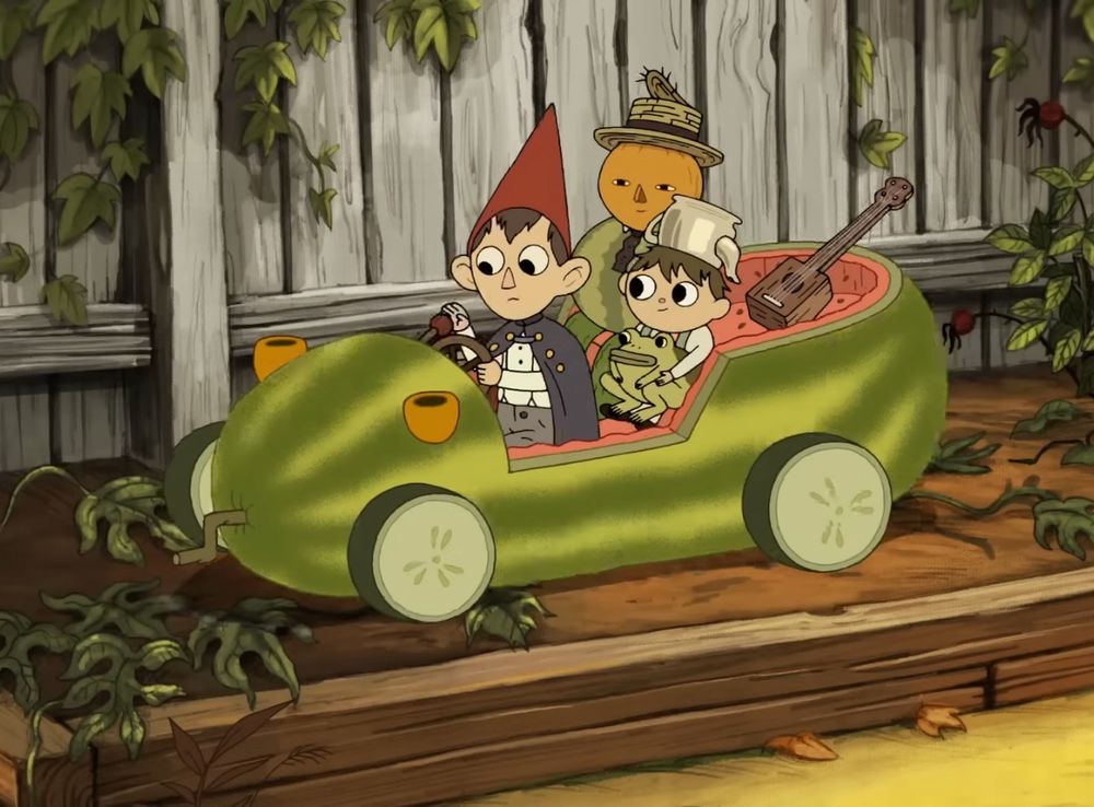 Wirt, Greg, Greg’s toad, and Johnny Crops in a watermelon car. From “The Tome of the Unknown”.
