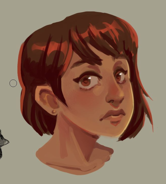 Desenho de um rosto de uma moça, cabelos curtos em chanel e olhos castanhos avermelhados, sombras com contornos quentes.