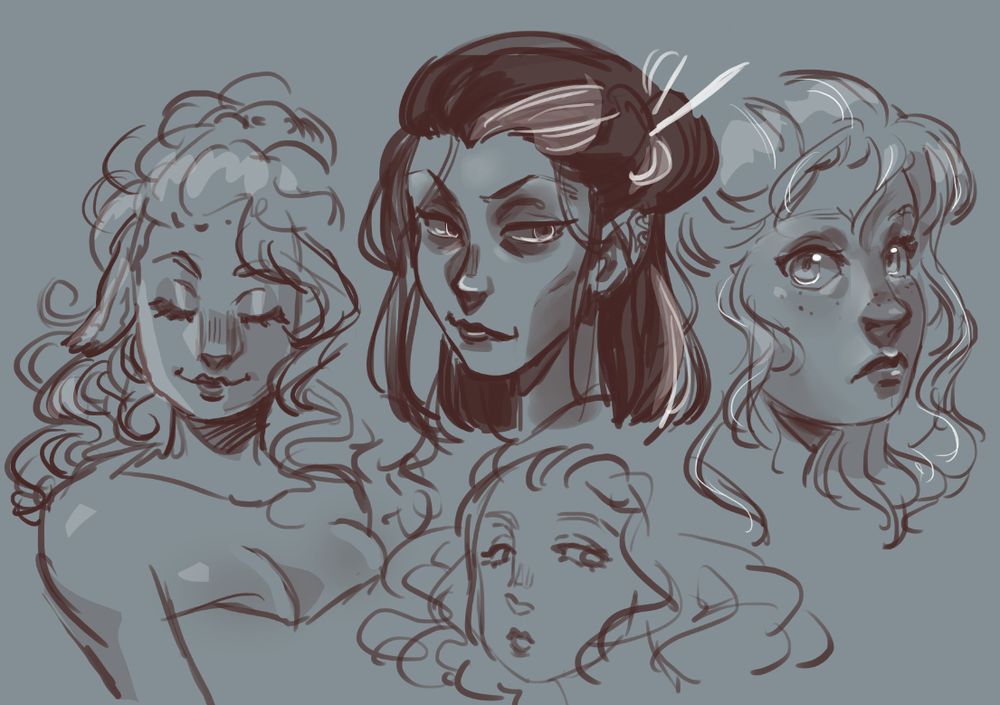 Rascunho em cinza e marrom, rostos das personagens de Critical Role, da esquerda pra direita, Fearne, de olhos fechados e orelhas baixas de bode, Laudna, magérrima, cabelo preso, detalhes de orelha de elfo por cima da orelha e Imogen, olhando para o lado séria, nariz meio arrebitado. Abaixo tem um outro experimento com o rosto da Fearne.