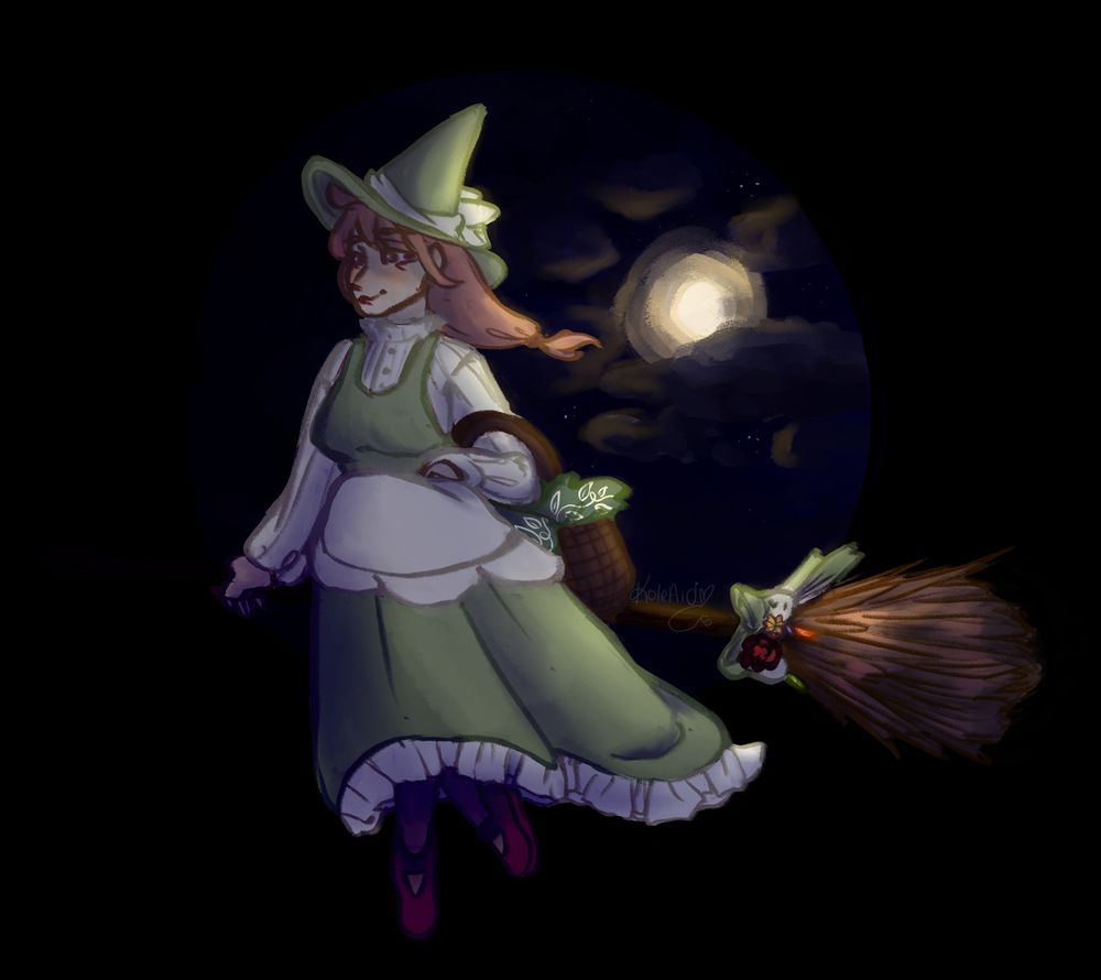 Digital fullbody drawing of Chel's witch oc, Matcha flying on her broomstick during the night. She holds a basket full of supplies for her tea shop called The Flower Press. 