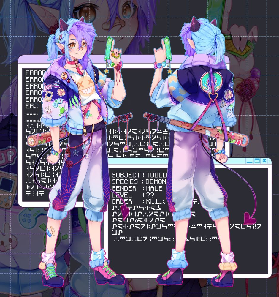 My current Vtuber Model, showing a cute Demon Boy with a lot of retro stickers and patches on the jacket.