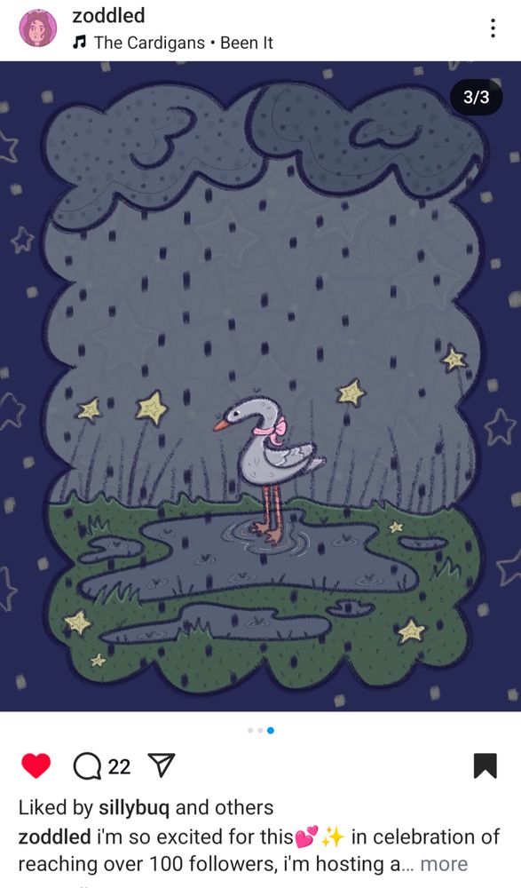 Screenshot from the Instagram account of Zoddled - a digital illustration in dark blues and greens of a simply outlined and charming goose in the rain among starry grass. This was the inspiration for the "Draw This In Your Style" Prompt.