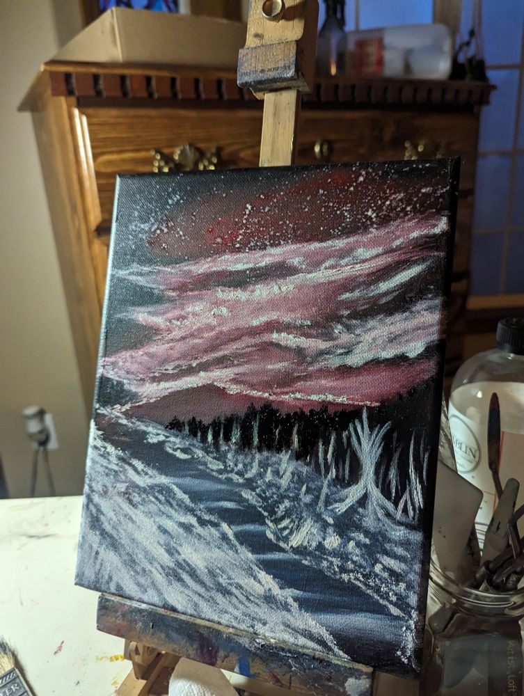 An 8x10 oil painting of a landscape. Stark clouds and a starry sky hang over a river. Vague tree shapes line the river bank.