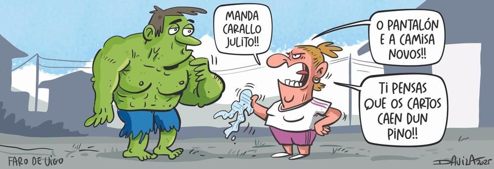 Tira cómica: Hulk está a recibir unha reprimenda por romper o pantalón r a camisa ó transformarse