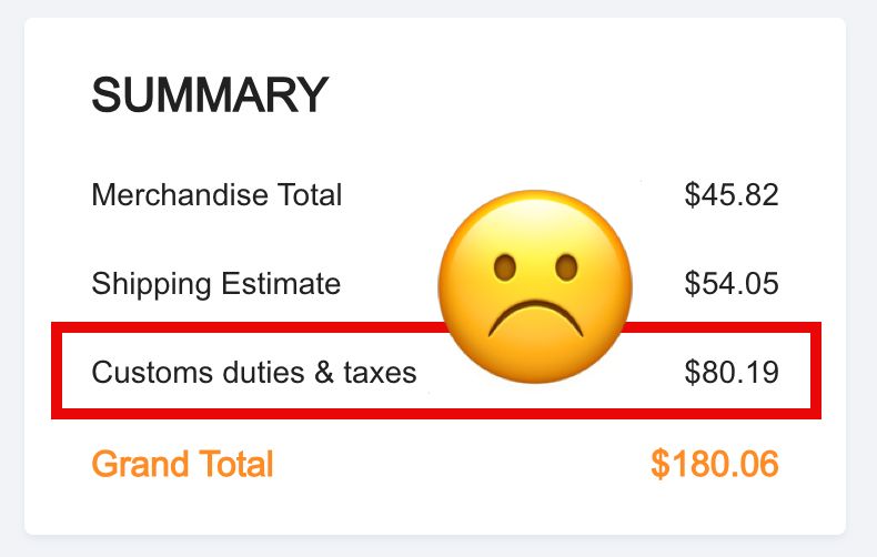 Payment summary from JLCPCB showing a large increase in price due to duties & taxes.