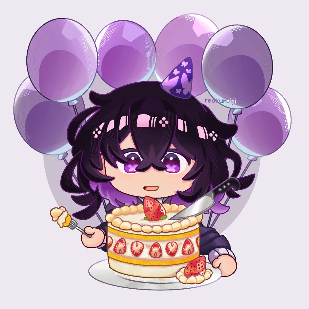 Persona with black curly hair with purple undertones holding a strawberry cake, with purple balloons. This is a late birthday art. :3