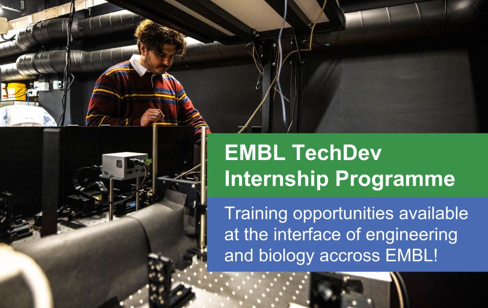 A man is working on a scientific instrument. Text box says: "EMBL TechDev Internship Programme. Training opportunities available at the interface of engineering and biology across EMBL!"