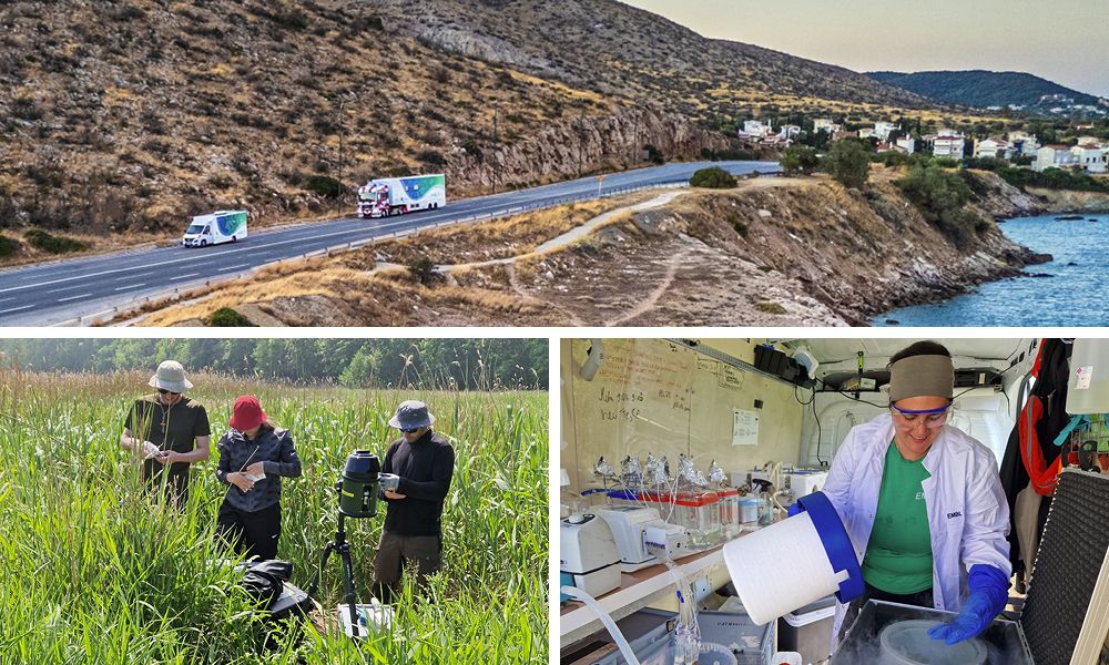 Collage of three photos: 1) the EMBL TREC fleet is driving next to the coast; 2) three scientists are taking samples on a grassy field; 3) a scientist is cryo-preserving samples. Behind her, there is a lab bench with equipment visible. 
