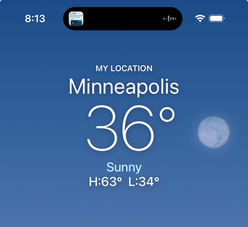 A screenshot of a weather app showing the temperature of 36° in Minneapolis