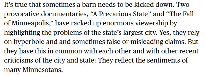 tate Capitol during the final weekend of the legislative session in 2025. (Anthony Soufflé/The Minnesota Star Tribune)

Opinion editor’s note: Strib Voices publishes a mix of guest commentaries online and in print each day. To contribute, click here.

•••

Sam Rayburn, the longest-serving speaker of the U.S. House of Representatives, was a fount of political aphorisms. One of his best: “Any jackass can kick down a barn, but it takes a carpenter to build one.”

If Rayburn were alive today, he would see a country with many more jackasses than carpenters.

It’s true that sometimes a barn needs to be kicked down. Two provocative documentaries, “A Precarious State” and “The Fall of Minneapolis,” have racked up enormous viewership by highlighting the problems of the state’s largest city. Yes, they rely on hyperbole and and sometimes false or misleading claims. But they have this in common with each other and with other recent criticisms of the city and state: They reflect the sentiments of many Minnesotans.
