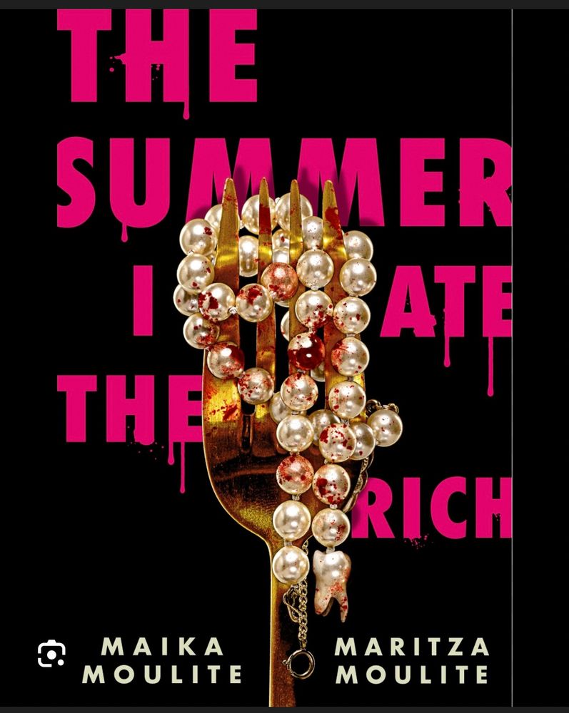 Book cover in black with hot pink text and a fork with pearls twined around it 
