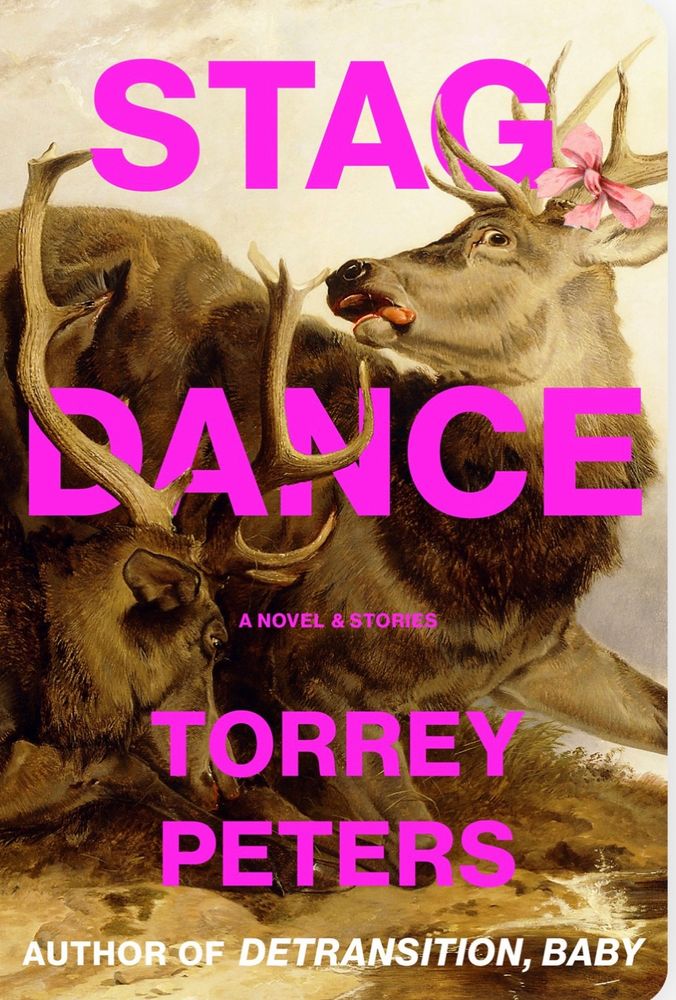 Book cover with 2 stags fighting and hot pink lettering 