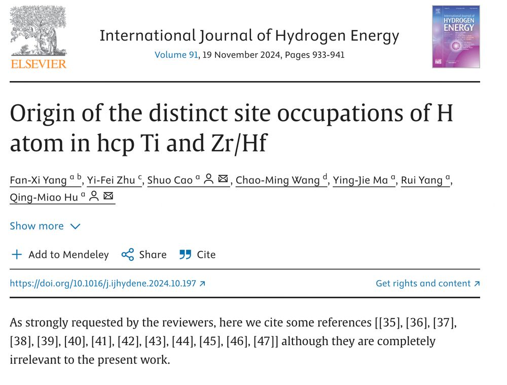 An excerpt from a paper in the International Journal of Hydrogen Energy, where the authors state at one point: "As strongly requested by the reviewers, here we cite some reference (list of numbers) although they are completely irrelevant to the present work"