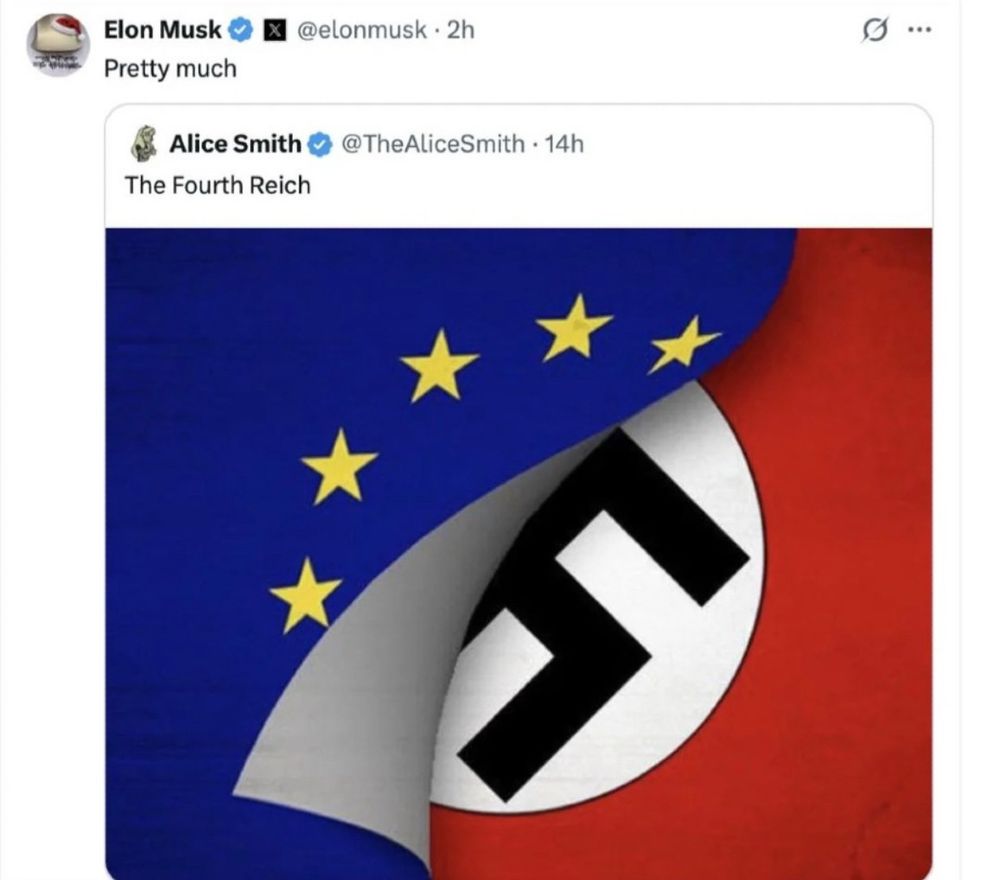 A screenshot taken by someone on Twitter/X of Elon Musk agreeing with a tweet that shows the EU flag being peeled back to reveal a Nazi one. For Elon’s purposes here Nazis are apparently bad, but you can’t rely on that with him, of course.