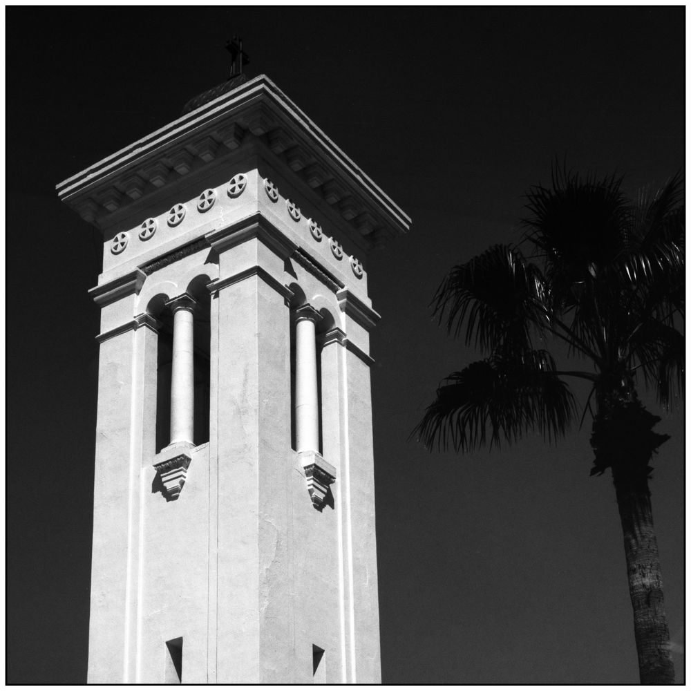 a high contrast photo of a church tower