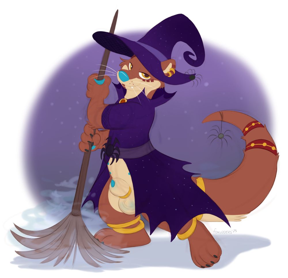 Percy the otter, dressed in a halloween witch outfit with a broom, the front parted to show his sheathe and balls.