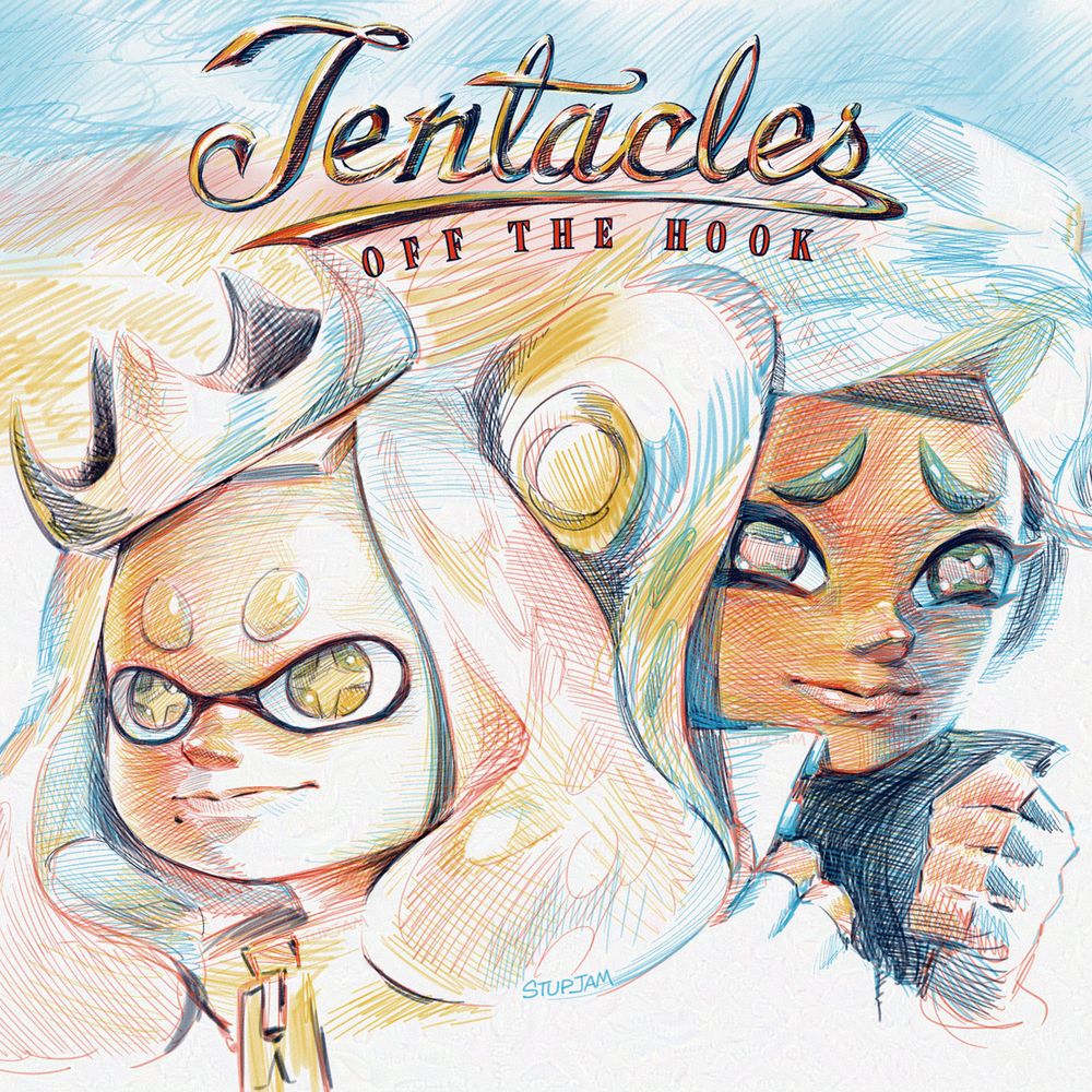 splatoon off the hook drawing parody of air supply greatest hits album. Styled like colored pencil art by Linda Fennimore. Pearl and marina look off into the distance. Text: Tentacles: Off the Hook