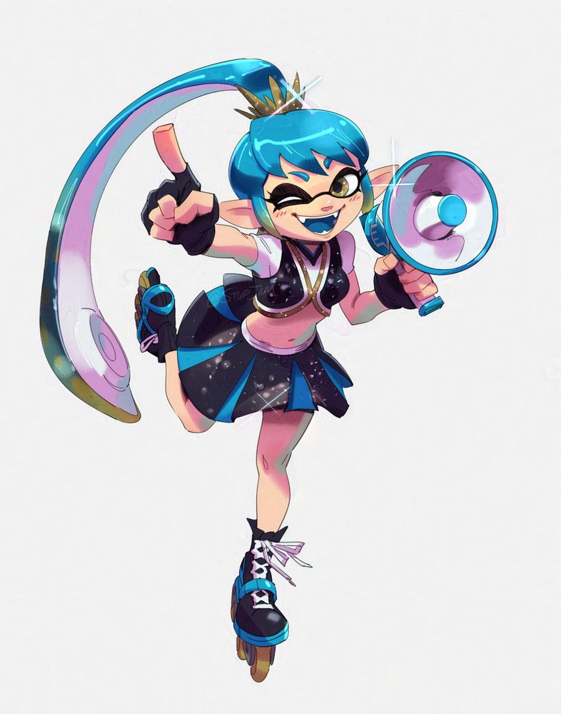 Joyful cheerleader rollerblader with a megaphone. Unknown idol from the funny concept comic about splatfests. 