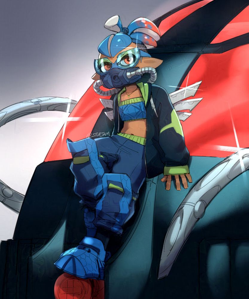 splatoon character in street fashion based loosely on bionicle lego pieces from the toa mahri. It’s futuristic baggy pants with a cybergoth face mask and y2k winged backpack. She leans nonchalantly against an armored car with red windows (toa terrain crawler).