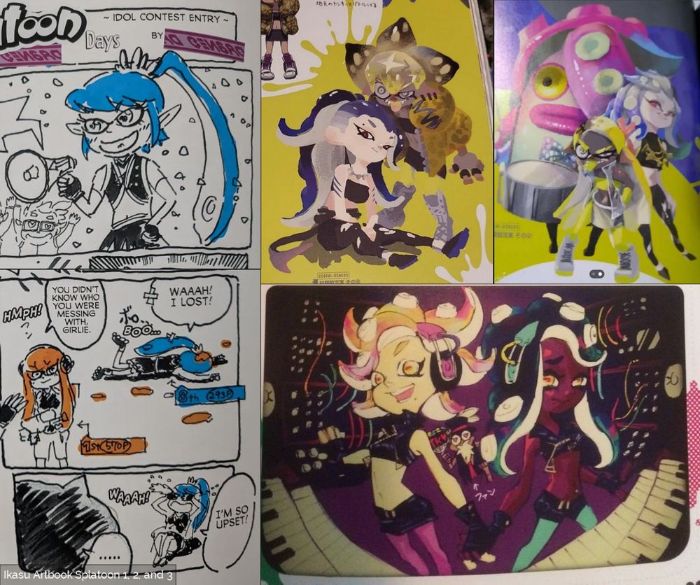 References from the Official Splatoon concept art books, Ikasu Artbook 1, 2 and 3. Unknown idol; Pearl and Marina; Shiver, Frye and Octarian.