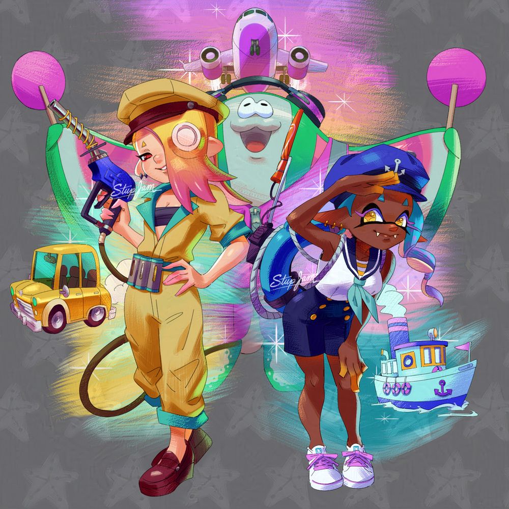 splatoon deep cuts realize after frosty winter, it’s sizzling summer. Shiver is dressed like gas station attendant holding pump that resembles e-liter 4k. Frye is saluting you dressed in casual nautical clothes. Bigman is holding the airplane ground crew paddles for guiding traffic. Around them each is respective chibi vehicle: car, boat, plane.