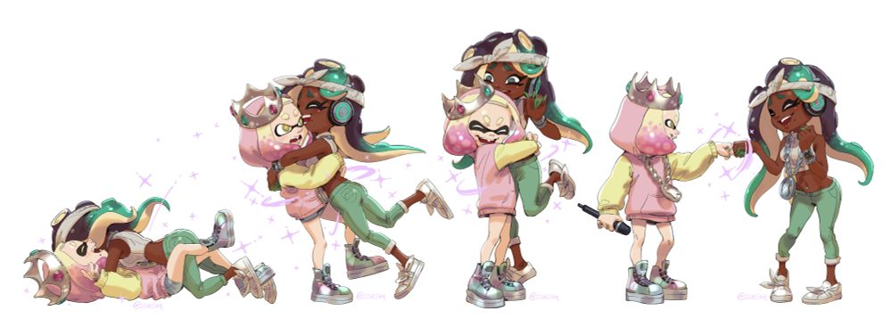 4 panel comic: Pearl and Marian from splatoon fist bump, then hug and tumble to the floor. Itsa Splatoon and a good time at that, be what the weather may bring.