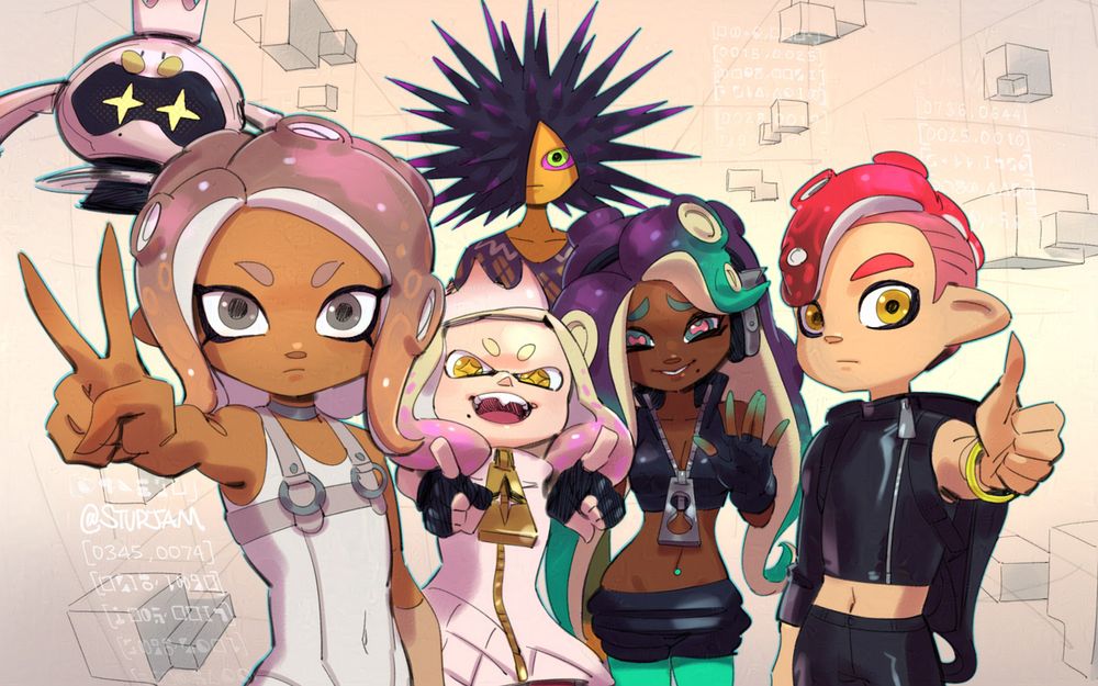 Many splatoon peoples look at you. It is like a selfie. But you might be wondering, is this the ninja turtles? That would not be the case. It’s agent 8 from side order, agent 8 from octo expansion, off the hook, and Spyke. Floating cubes in the background.