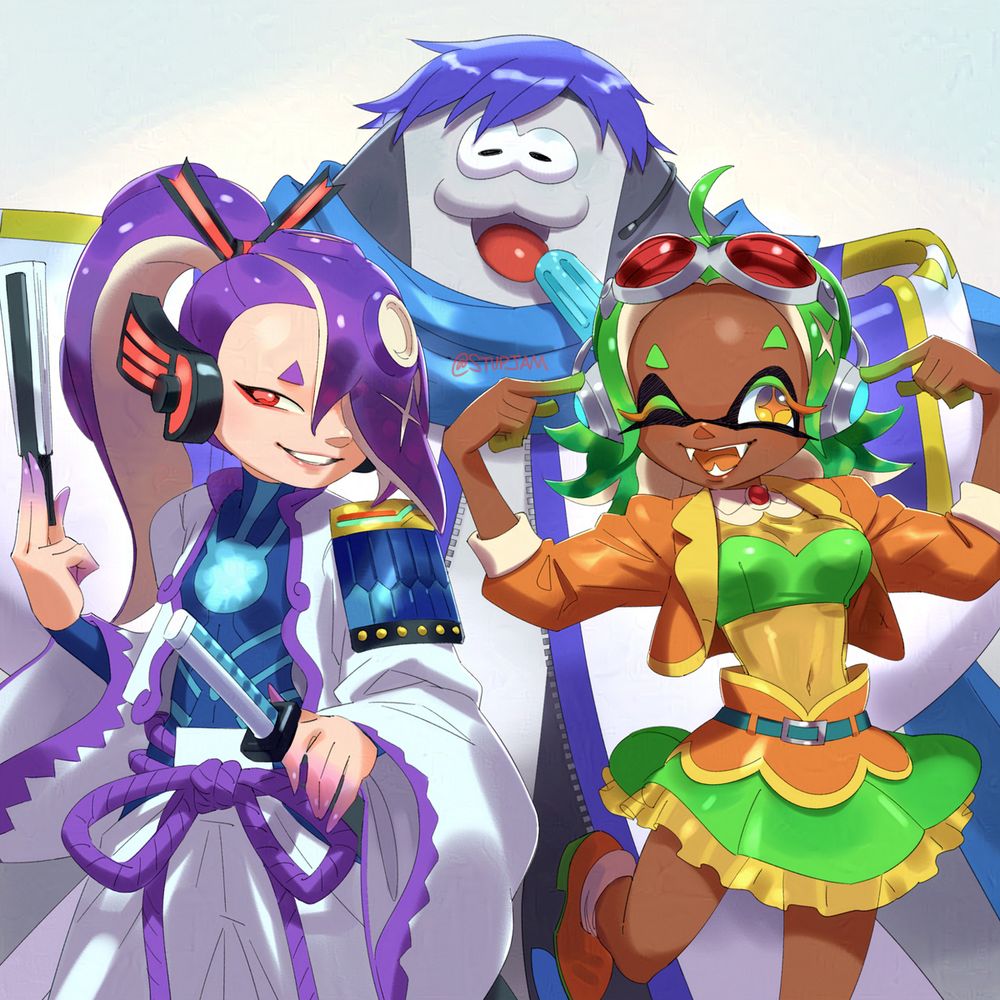 look at that. Wow. Some boys appeared. It is the splatoon people dressed up as gumi (frye) and gakupo (shiver) and kaito (big man). That’s because gakupo is a dancing samurai, a guy with a sword. Gumi is some y2k space girl. And big man eats the ice cream. The pose is that they are standing there looking happy. 