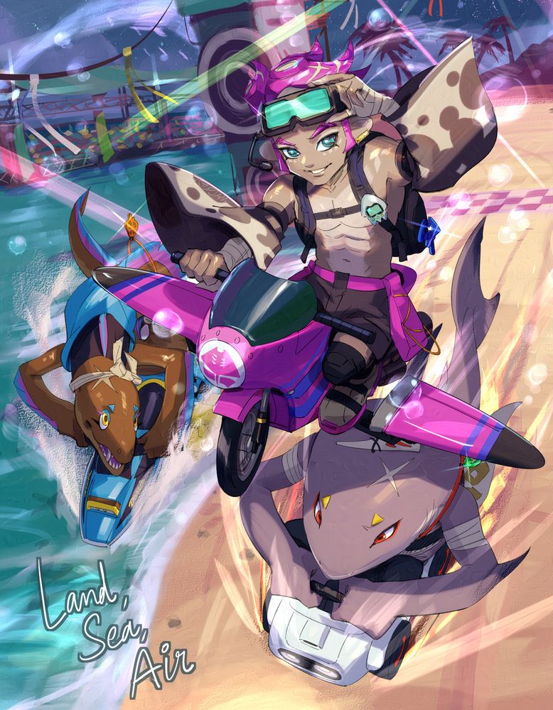 Text: land, sea, air Image: fan-interpretation of deep cut characters from splatoon driving mario kart vehicles. the point is that there are regular cars, boat karts, and flying karts. The big shark woman shiver is driving a tiny blooper kart. long eel lady frye is on a boat/ jet ski maybe. Lastly a human man dressed like a manta ray is flying a tiny winged motorcycle. You might think it's a city. It's actually a beach party behind them. 