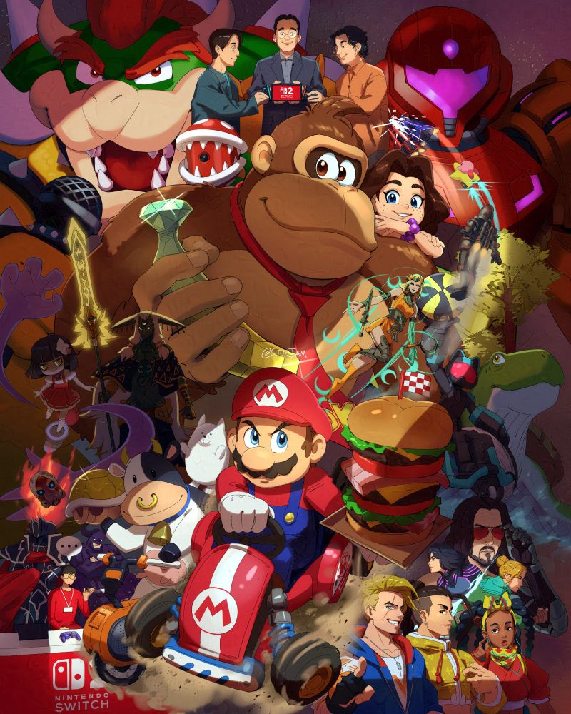 Cartoon collage of many characters from nintendo switch games, like a movie poster. Most prominently featured are Mario Kart, Donkey Kong, and Nintendo staff Kouichi Kawamoto, Tetsuya Sasaki, and Takuhiro Dohta. The spotlight on all the characters forms the shape of a giant "2". 