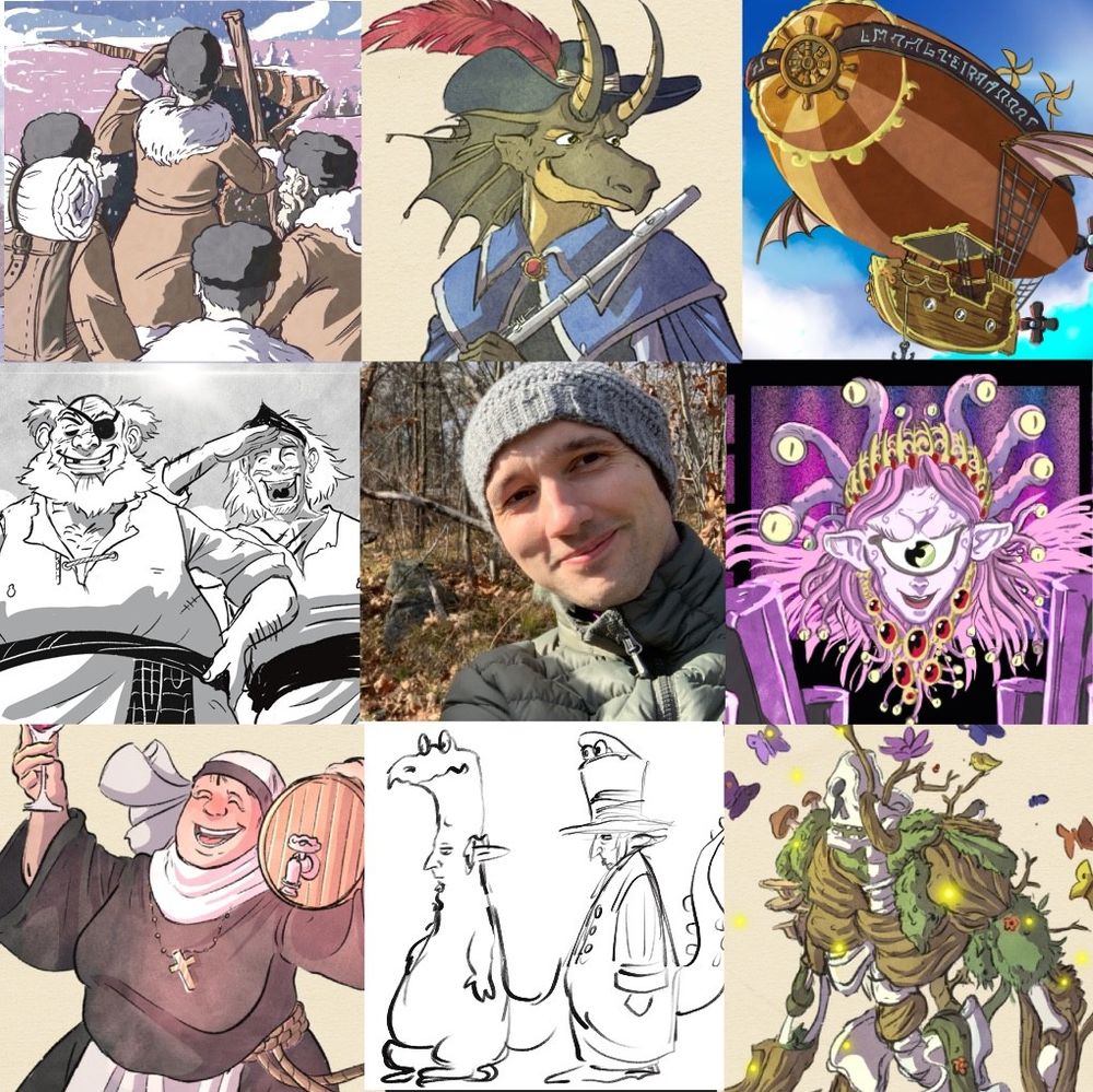 A series of 8 illustrations and a photo in a 3x3 grid.

At the center is a picture of myself, a smiling 40year old man with a grey beanie against an autumn forest.

The other illustrations feature a series of illustrations and commissions donc in 2024 including, the cover of Seeds of Spring 6,  a few character commissions and one stupid line drawing that I doodled at 3am at the beginning of the year. 