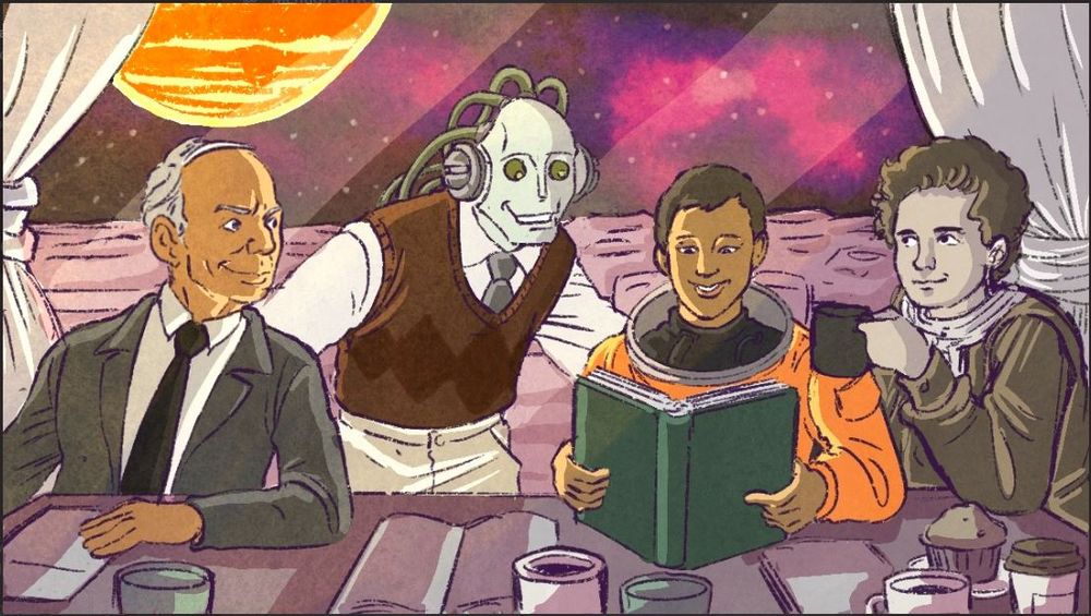 Illustration of 4 characters sitting around a table. One character is reading a book. From left to right, the characters are: Subrahmanyan Chandrasekhar, a retrofuturistic robot in a pullover, Mae Jemison (in a space suit), and Marie Curie. They are sitting in front of a window, showing that they are on another planet. You can see a purple nebula in the sky as well as an orange gas giant that looks like Jupiter. 