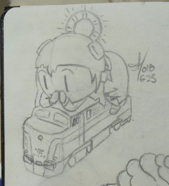 A sketch of a girl atop a locomotive. She is dressed like a virgin with a crown and two buns in the hair. She looks like praying. The locomotive is designed for passenger trains and has a vintage look, it looks very American.