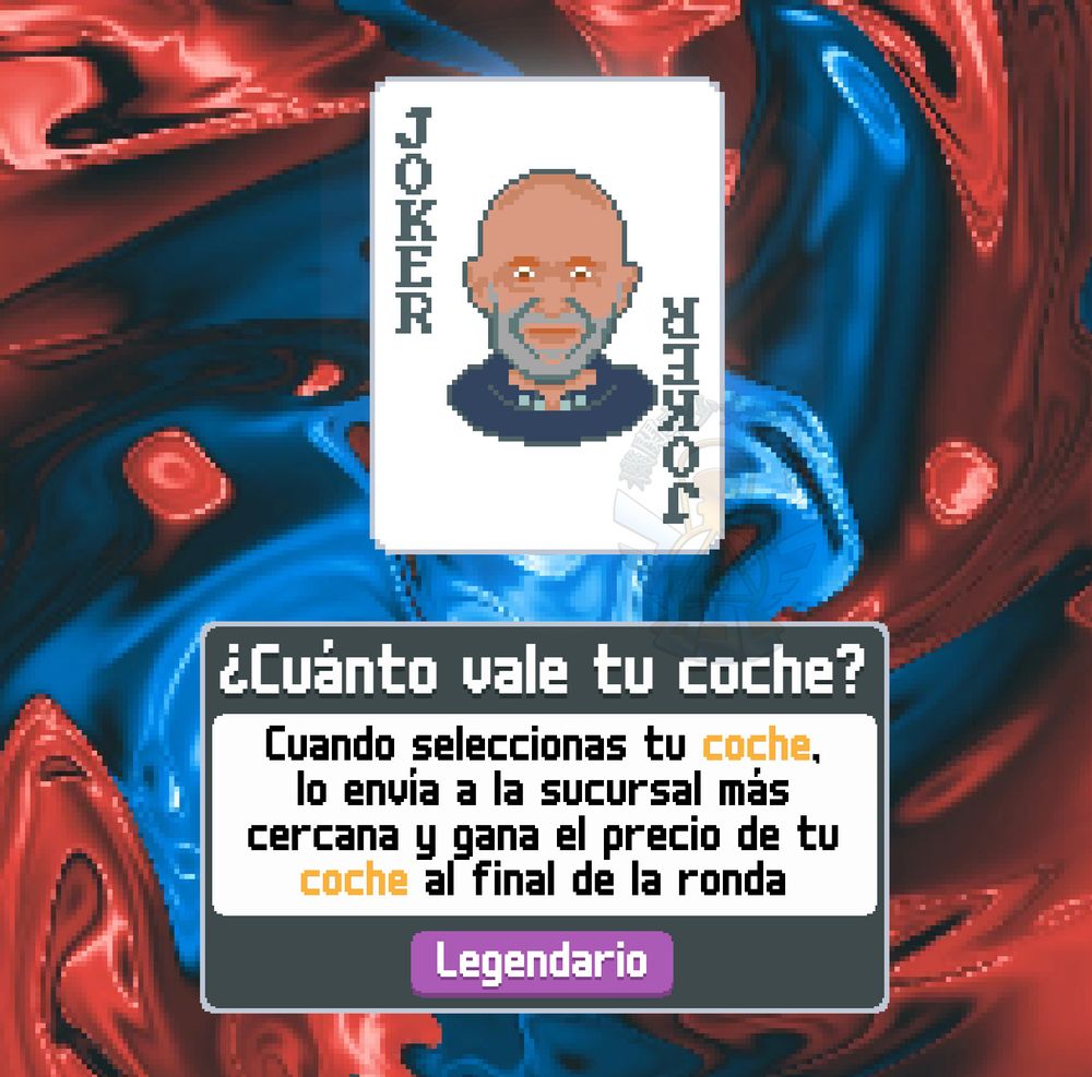 Un comodín del Balatro con la cara pixelada de Antonio Lobato. El nombre del comodín es "¿Cuánto vale tu coche?" y la descripción dice "cuando seleccionas tu coche, lo envía a la sucursal más cercana y gana el precio de tu coche al final de la ronda".