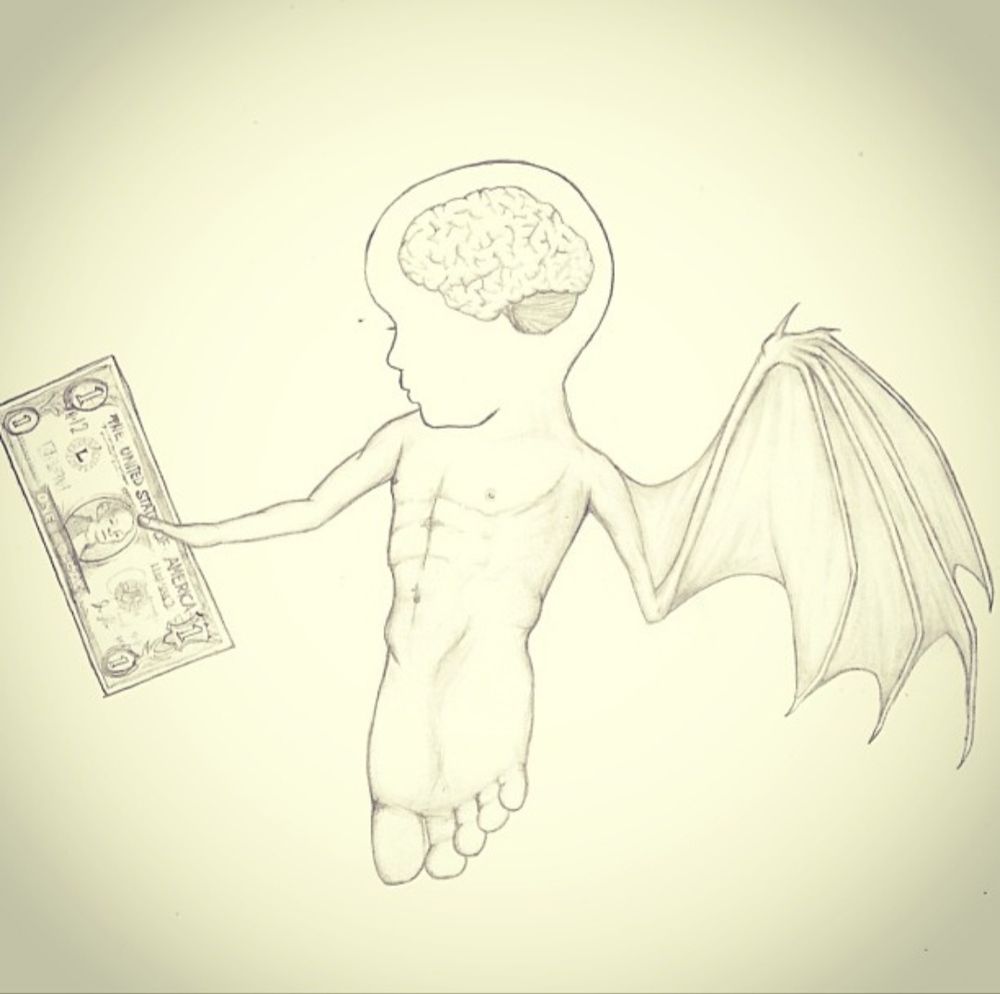 This one is kind of hard to describe, so bear with me. 

There's the torso of a human man, with a baby's head, but the skull is transparent, so you can see the brain. 

The lower half of the body is a human foot...
    No pelvis, no legs, no heel, just the bottom of a foot. 

One arm is a bat wing.

The other arm is disproportionately thin, and holding a huge one dollar bill (USD)