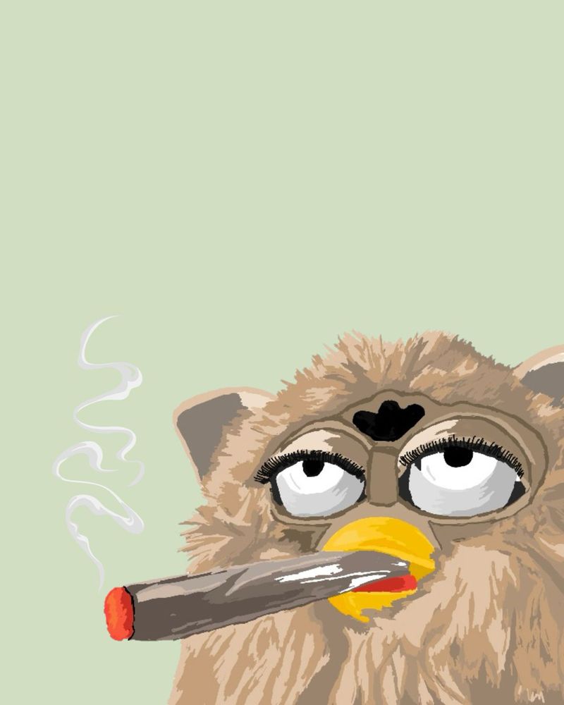 a 1998 Furby drawn in procreate. it is smoking a fat donk and the eyes look like he’s a bit faded. he is tan and brown.