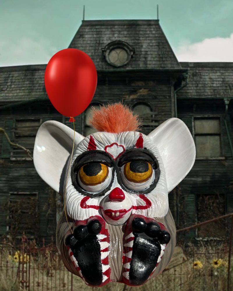 a 1998 Happy Meal McFurby painted to look like Pennywise from Stephen King’s It. he’s photoshopped holding a red balloon and standing in front of the old creepy house from the movie 