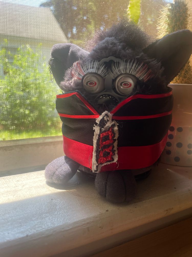 a black furby customized with white and red eyelashes, Carolina Hurricanes logos for eyes, and a black Canes jersey on with an embroidered warning flag 