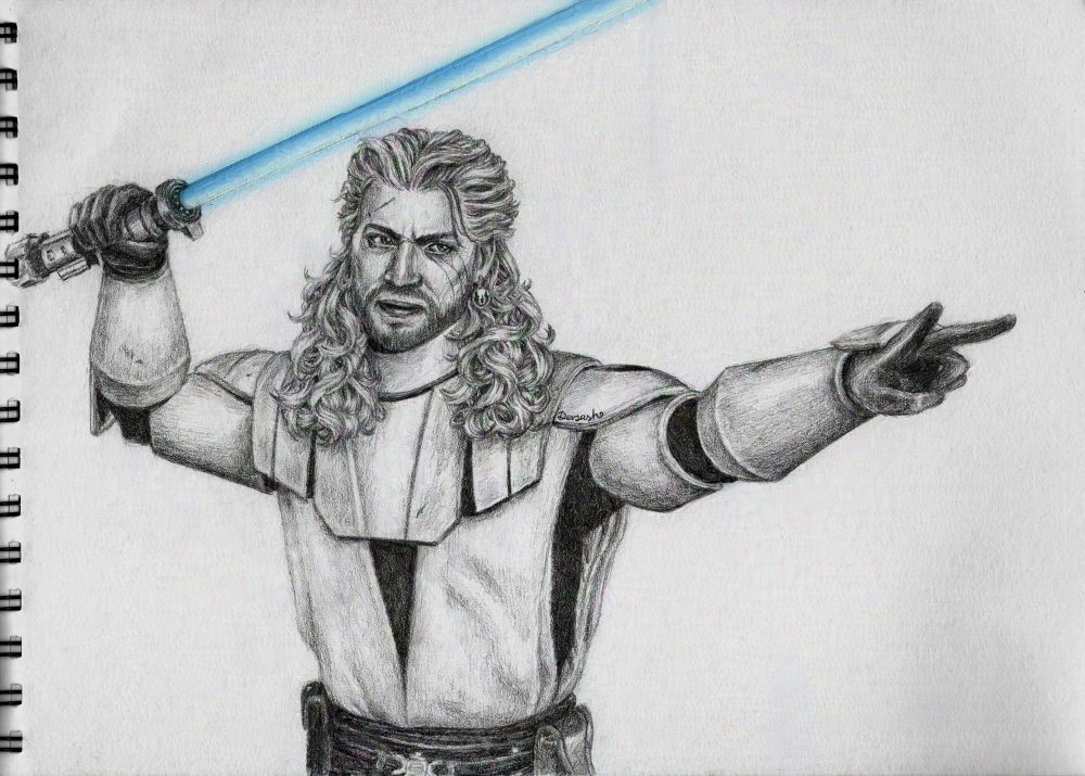 Gale from Baldur’s Gate 3 as Jedi Master Obi-Wan Kenobi from Star Wars. He is wearing Obi-Wan’s outfit from the Clone Wars and is standing in the Soresu opening stance.l