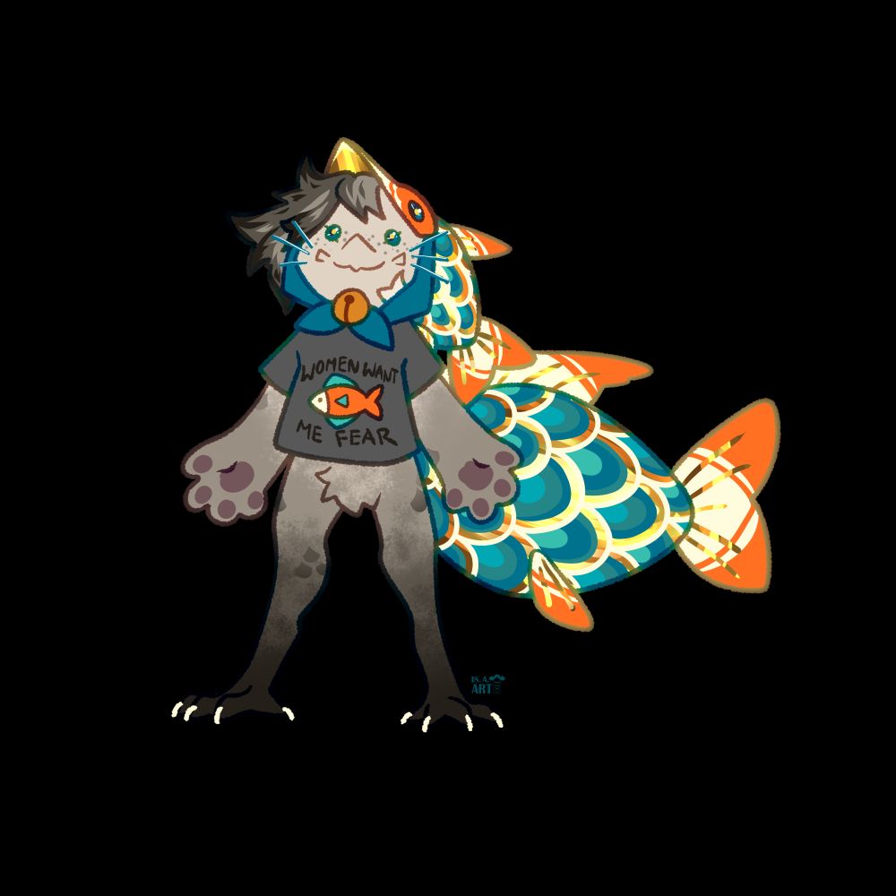 Fish themed character wearing a shirt that says "WOMEN WANT" with an an image of a fish under it and below the fish there is the text "ME FEAR"